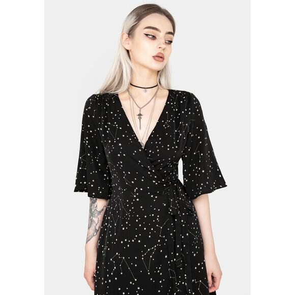 Disturbia Celestial Midi Kimono Dress Black & White constellation print  US 6 - Picture 3 of 12
